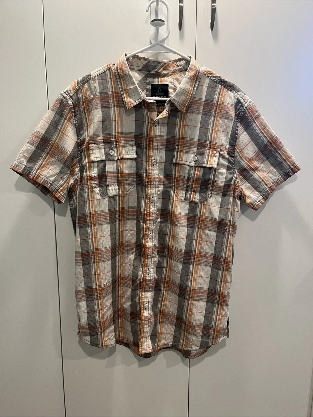 Prana Short-Sleeve Plaid Button-Down Shirt in Orange and Gray